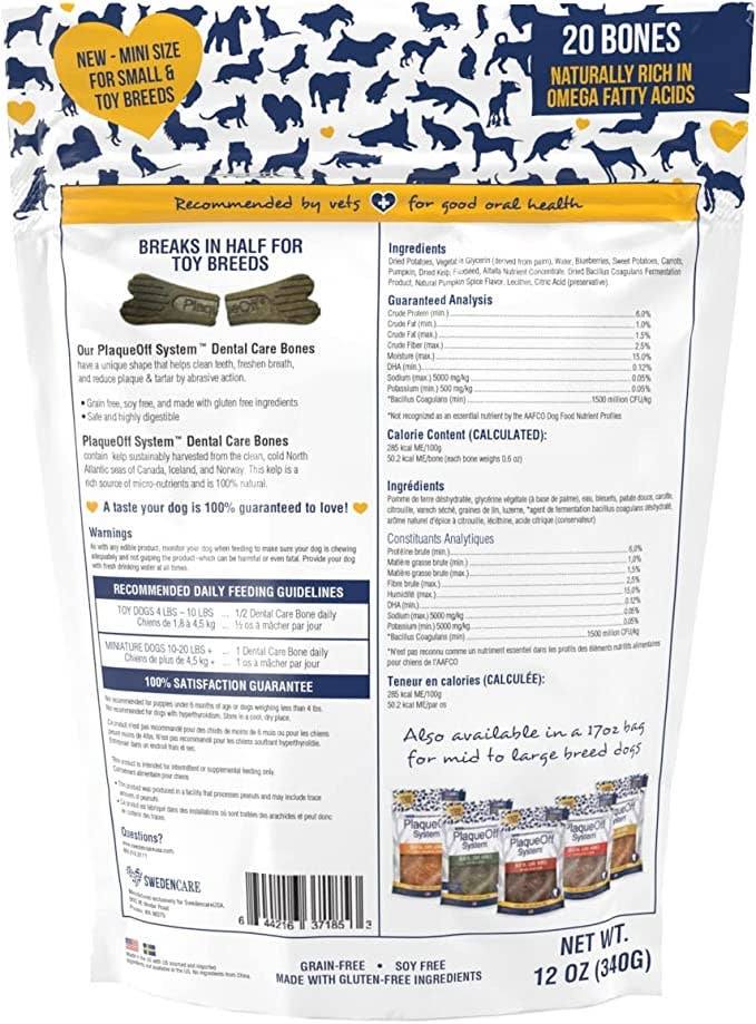 PlaqueOff Mini Dental Care Bones - Vegetable w/ Blueberry
