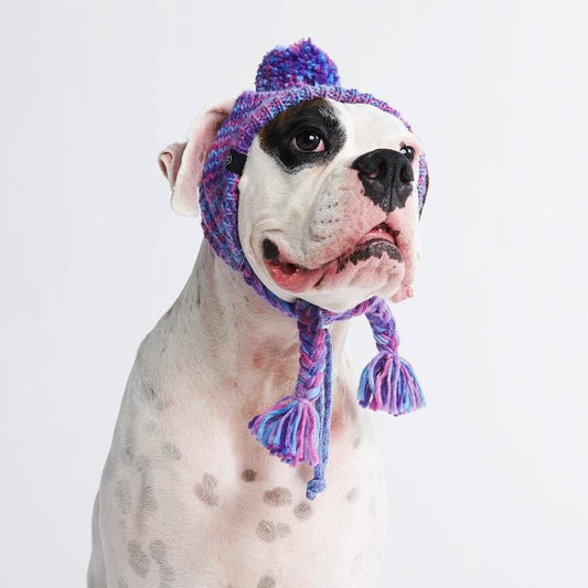 Knit Pom Pom Dog Beanie Hat - Purple & Lavender: L (45-100lbs/20-50kg)