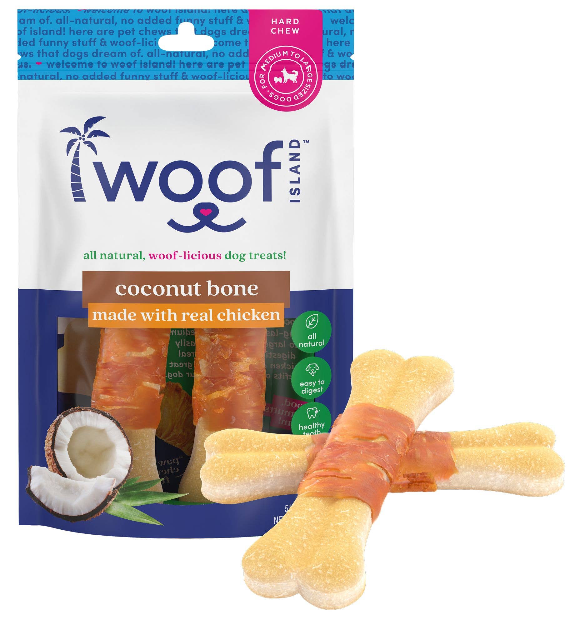 Coconut Dog Bones Premium Treats (with Chicken) 2 Count: Single Bag