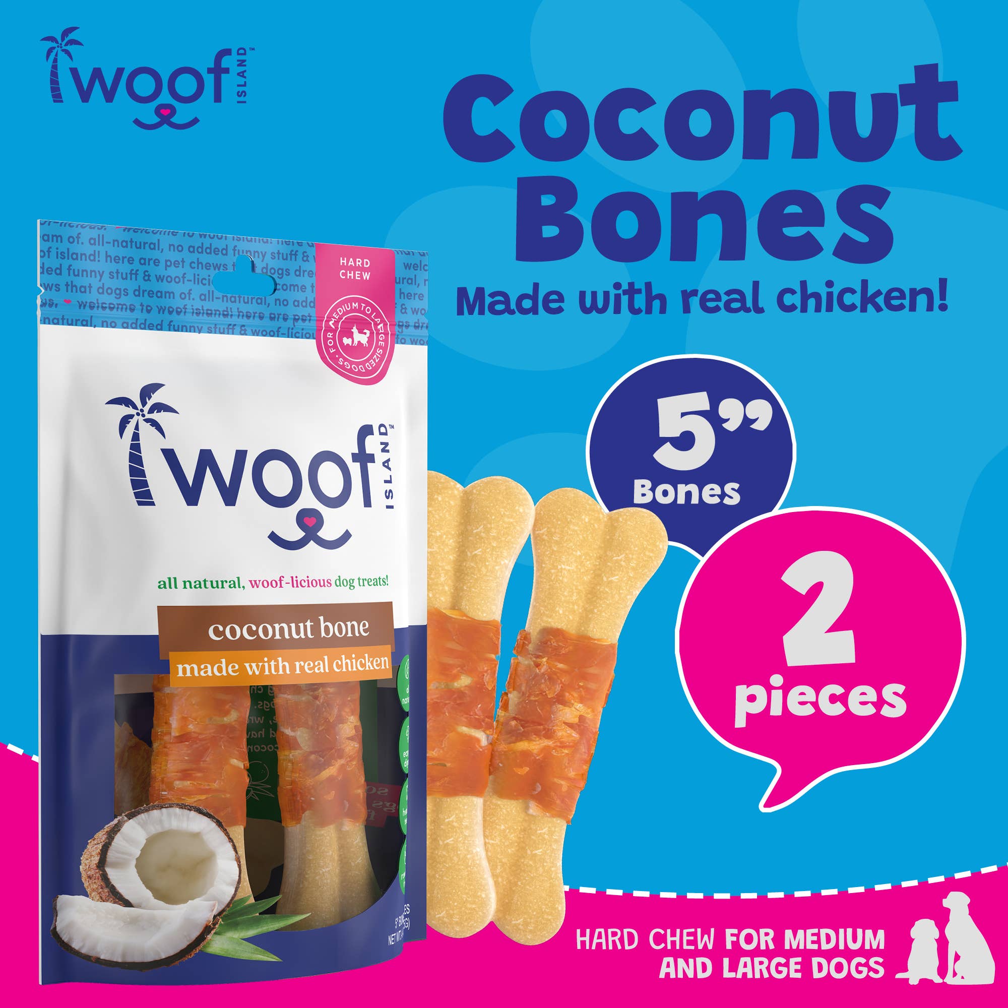 Coconut Dog Bones Premium Treats (with Chicken) 2 Count: Single Bag