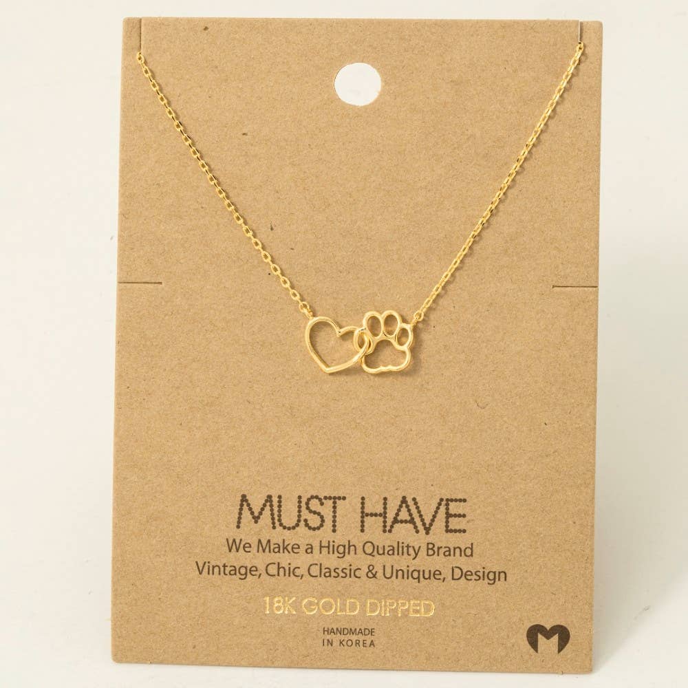 Gold Dipped Dog Paw Heart Cutout Pendant Necklace