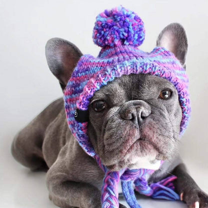 Knit Pom Pom Dog Beanie Hat - Purple & Lavender: L (45-100lbs/20-50kg)