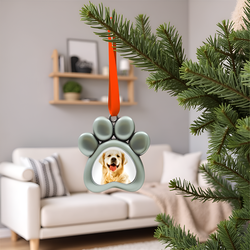 Paw Shaped Pet Picture Holiday Ornament, Silver, Christmas
